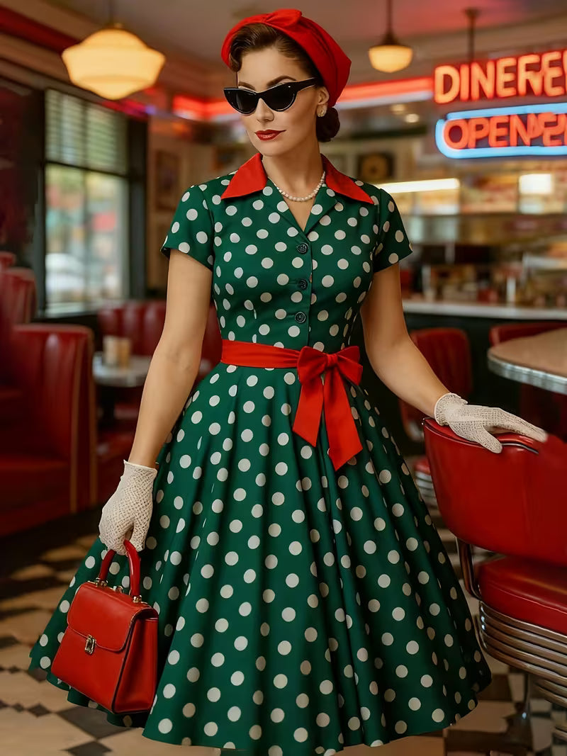Vintage 50s Polka Dot Belted Party Dress