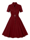 Vintage Notched Collar Belted A-Line Dress