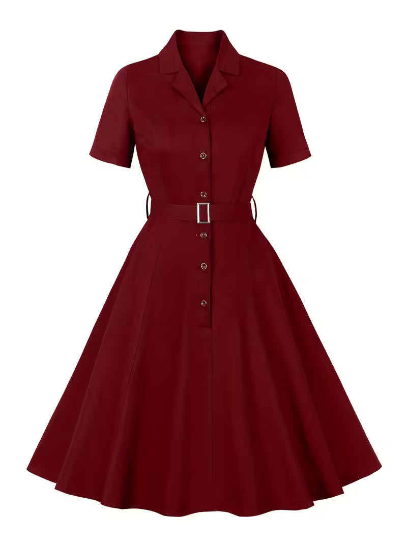 Vintage Notched Collar Belted A-Line Dress