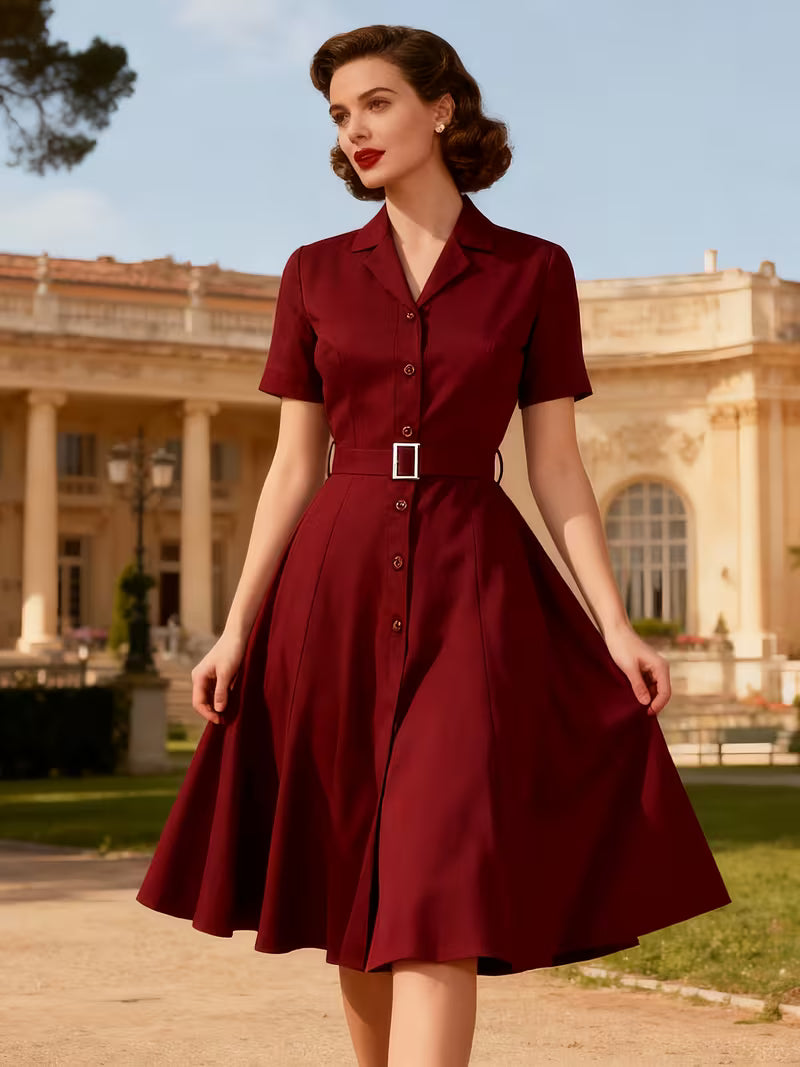 Vintage Notched Collar Belted A-Line Dress