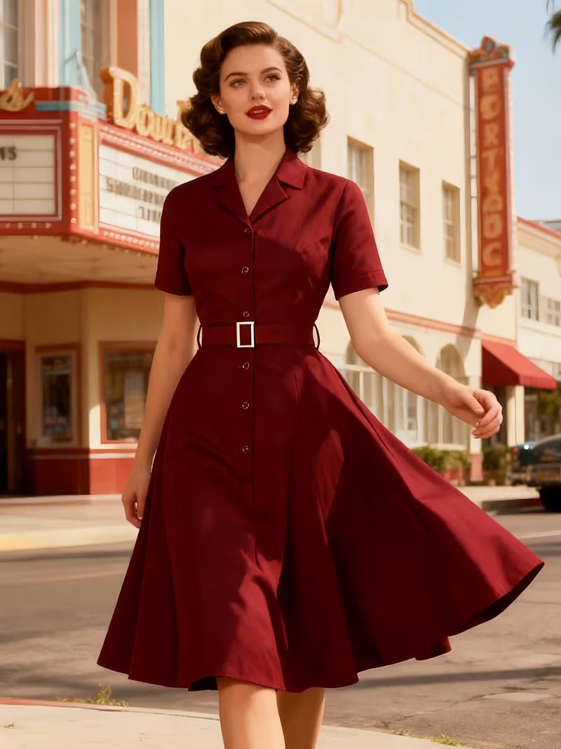 Vintage Notched Collar Belted A-Line Dress