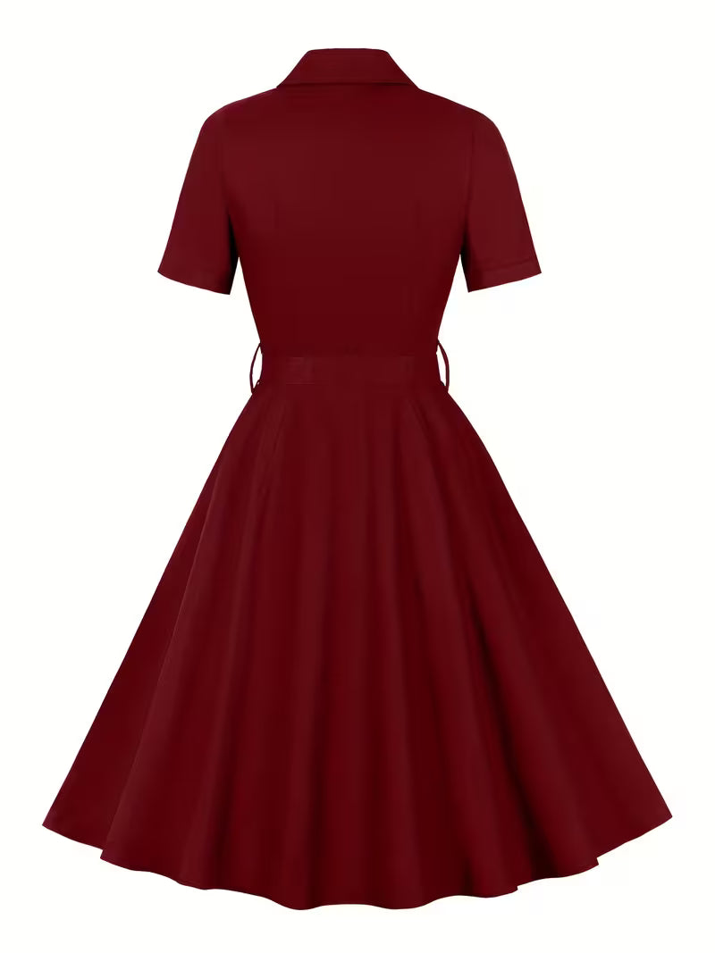 Vintage Notched Collar Belted A-Line Dress