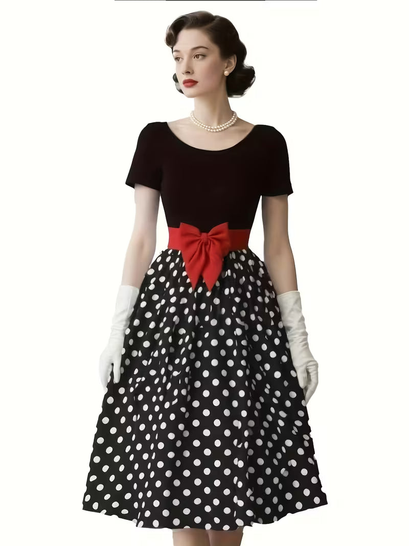 Vintage Polka Dot Bow Midi Dress
