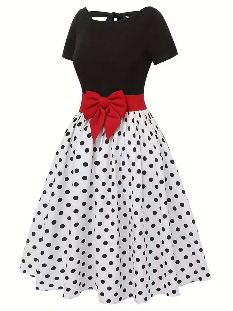 Vintage Polka Dot Bow Midi Dress