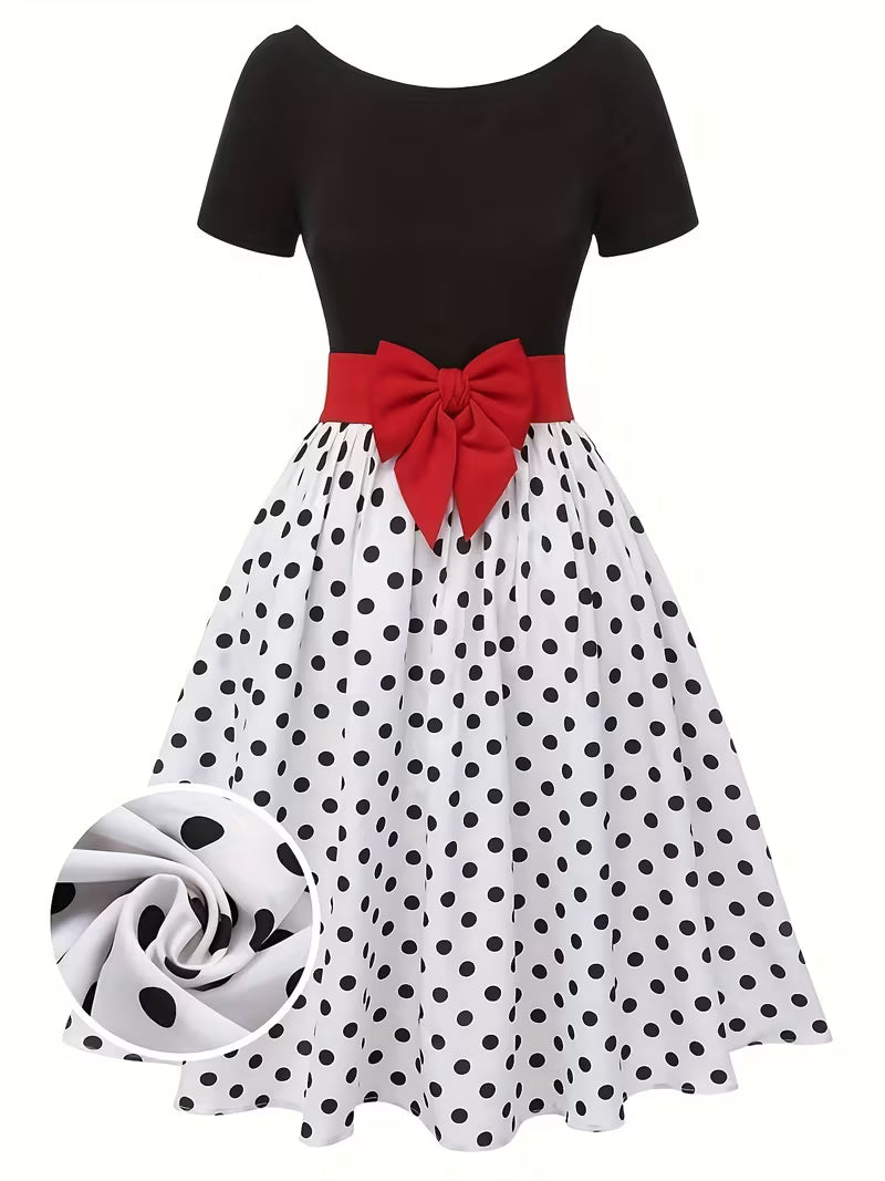 Vintage Polka Dot Bow Midi Dress