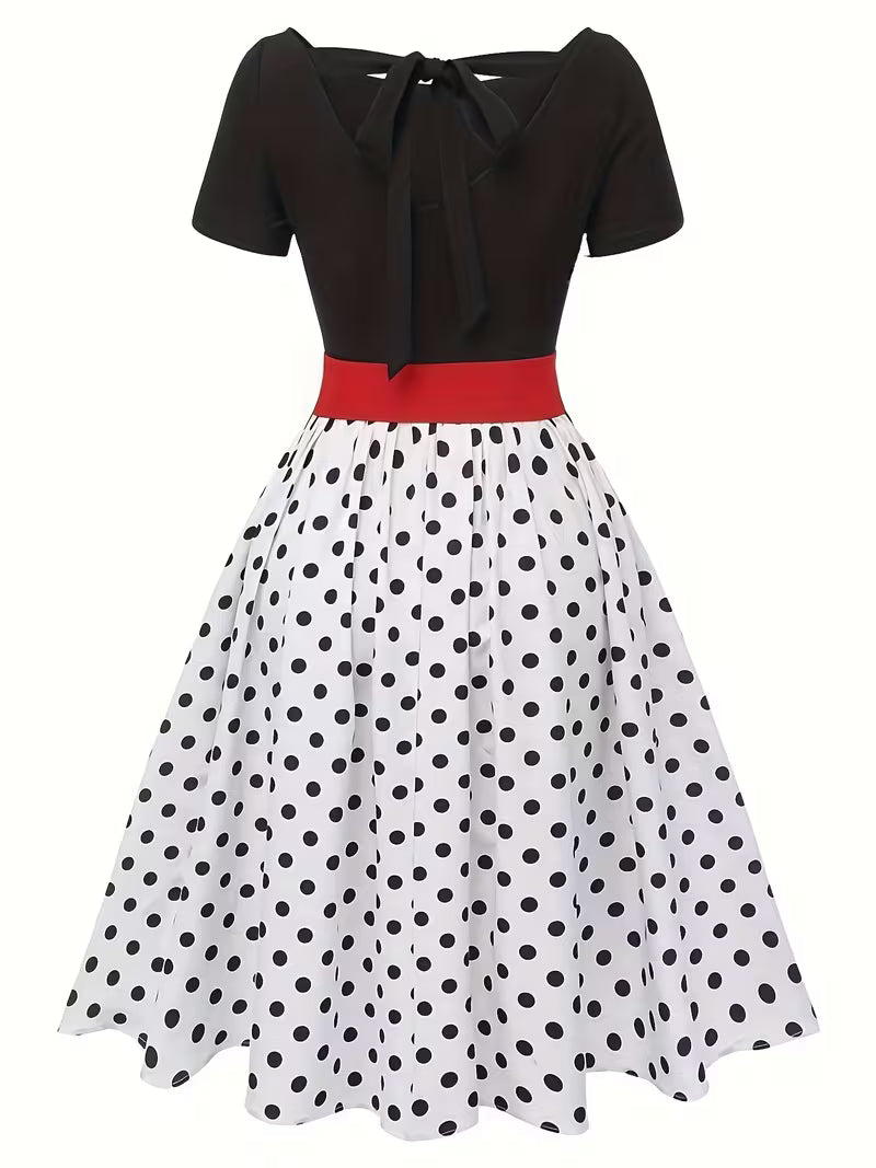 Vintage Polka Dot Bow Midi Dress