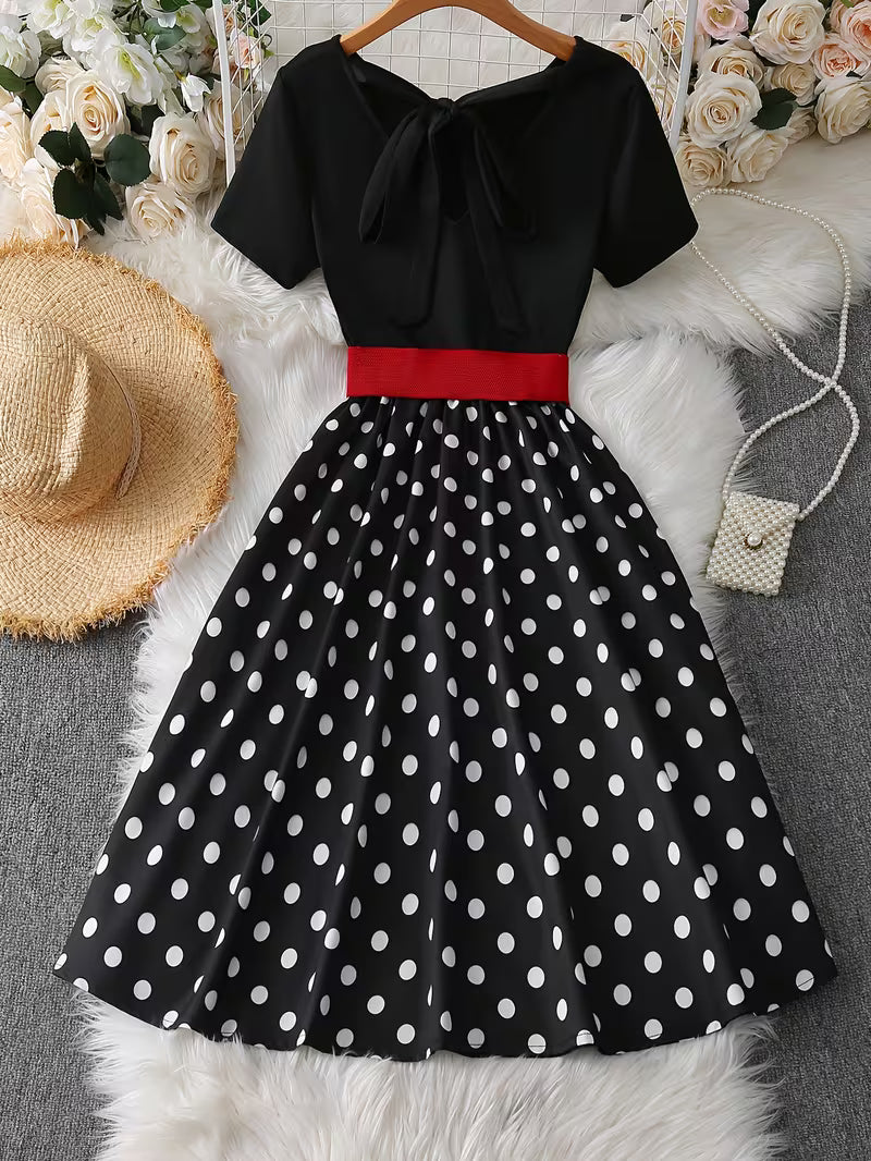 Vintage Polka Dot Bow Midi Dress