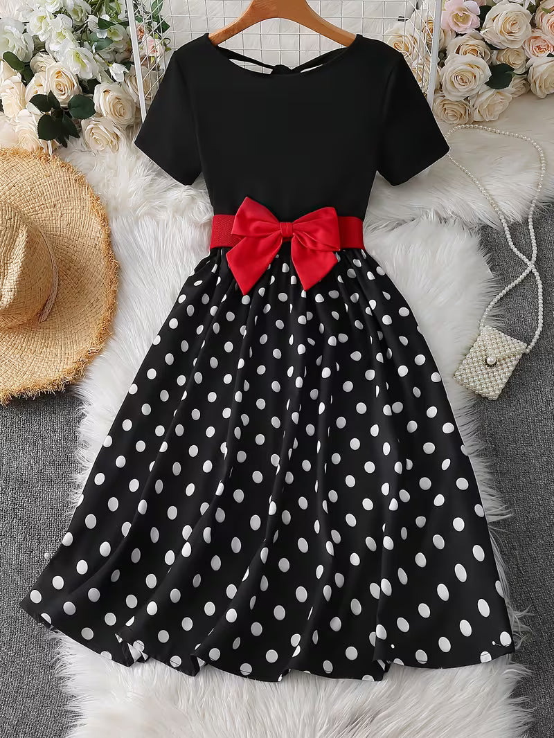 Vintage Polka Dot Bow Midi Dress