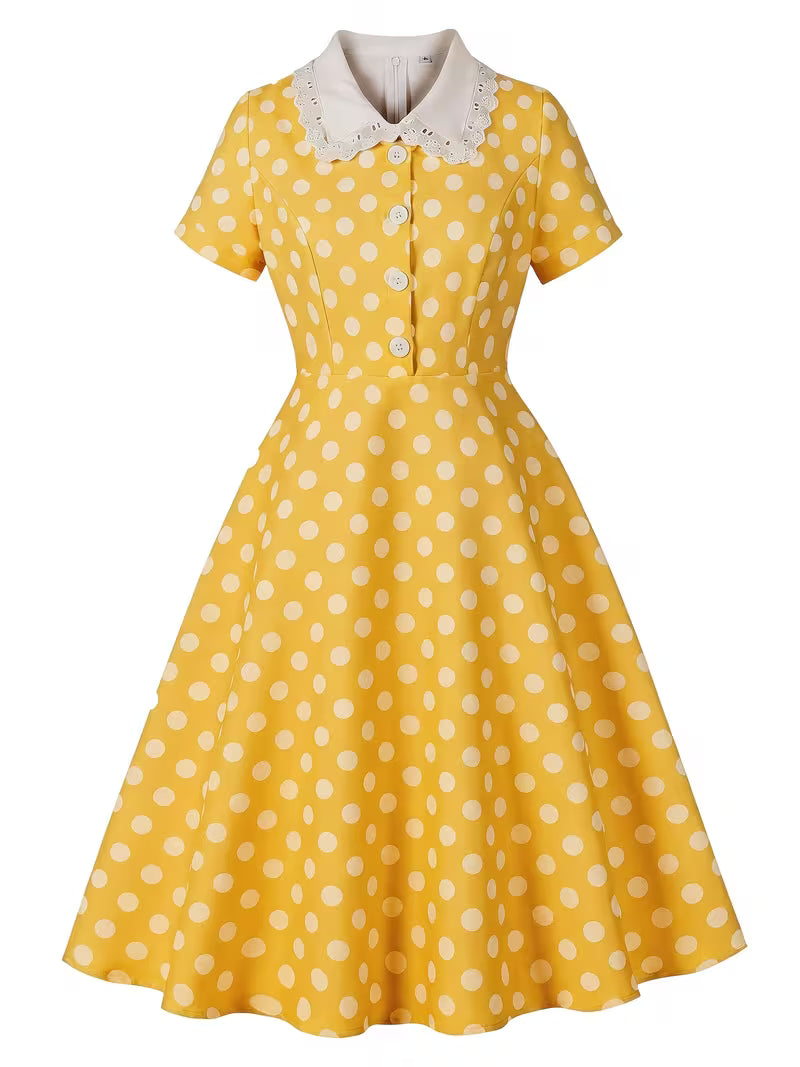 Vintage Polka Dot Swing Dress with Lace Trim