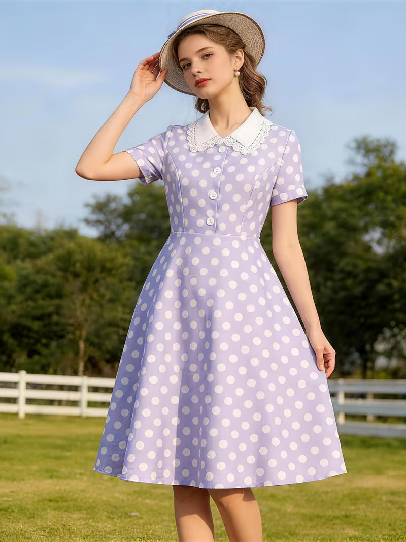Vintage Polka Dot Swing Dress with Lace Trim