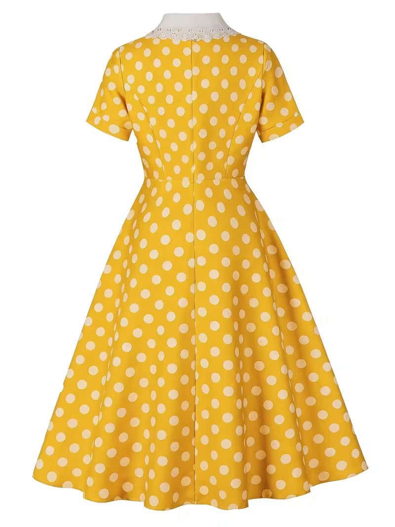 Vintage Polka Dot Swing Dress with Lace Trim