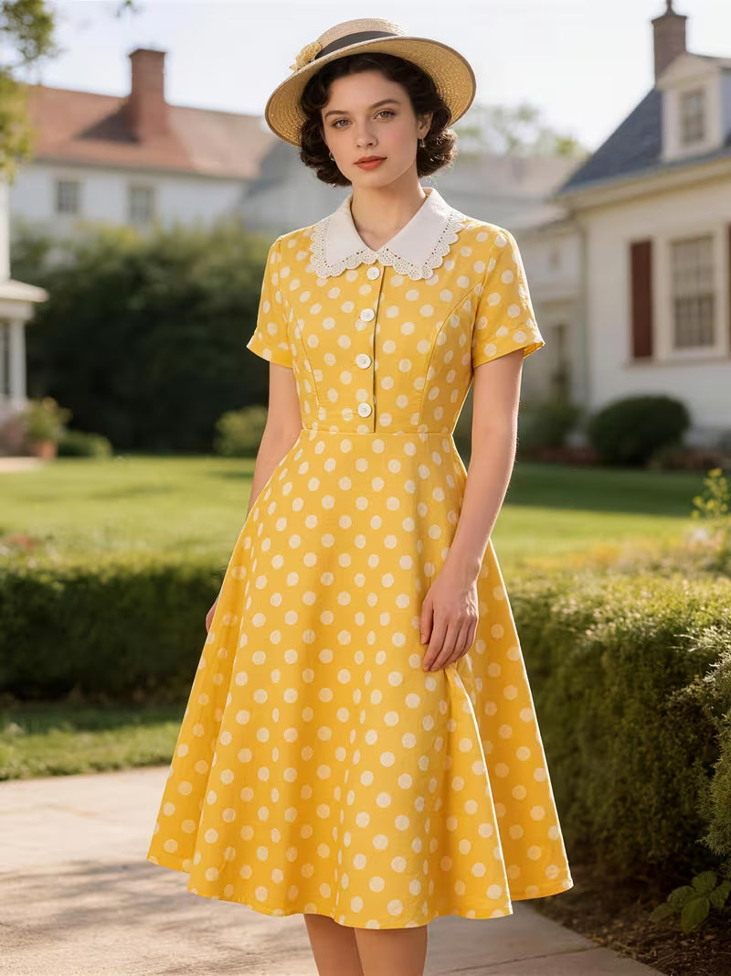 Vintage Polka Dot Swing Dress with Lace Trim