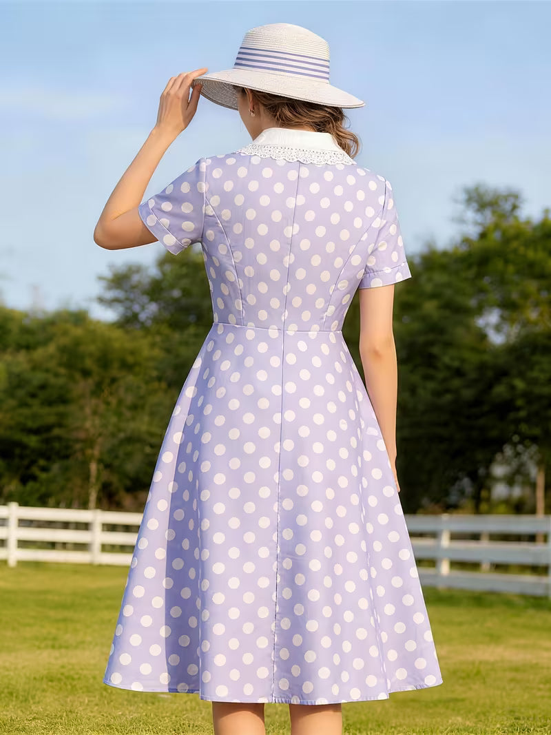 Vintage Polka Dot Swing Dress with Lace Trim