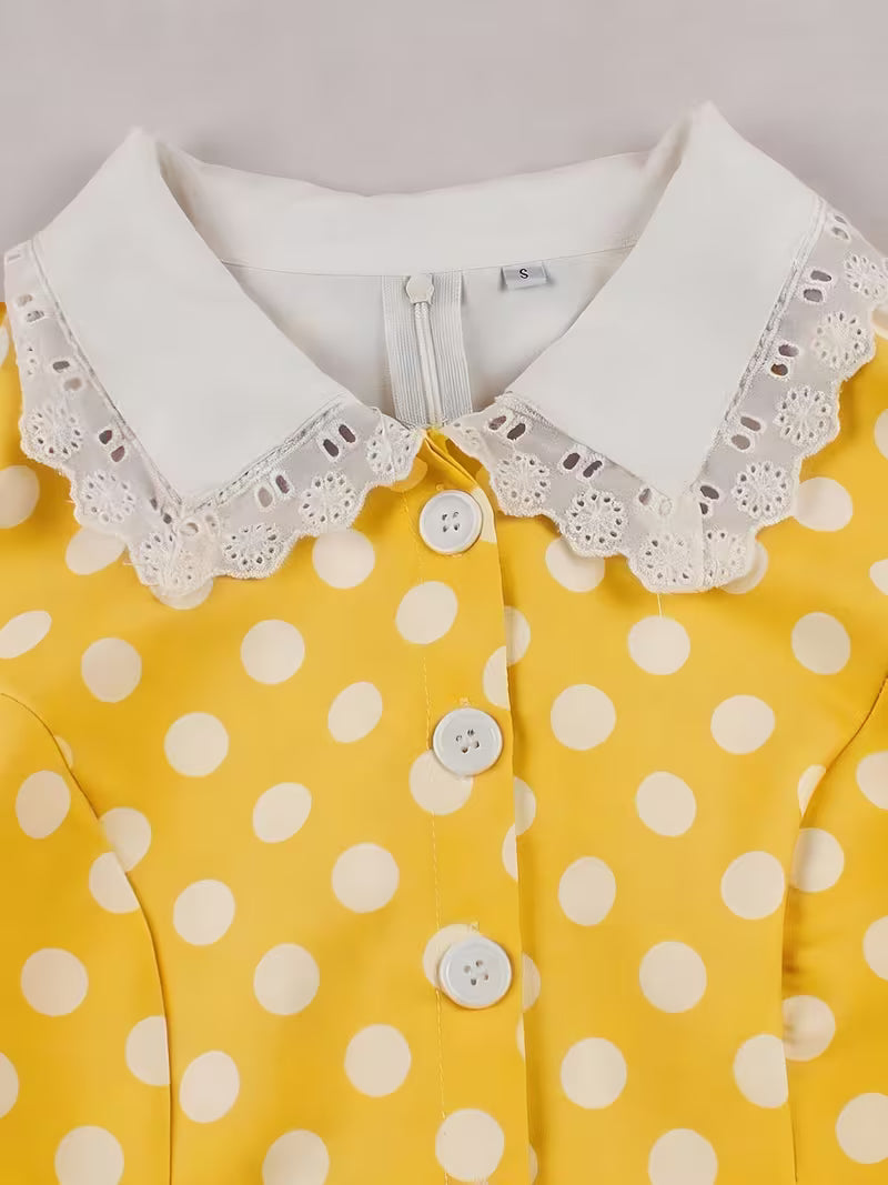 Vintage Polka Dot Swing Dress with Lace Trim