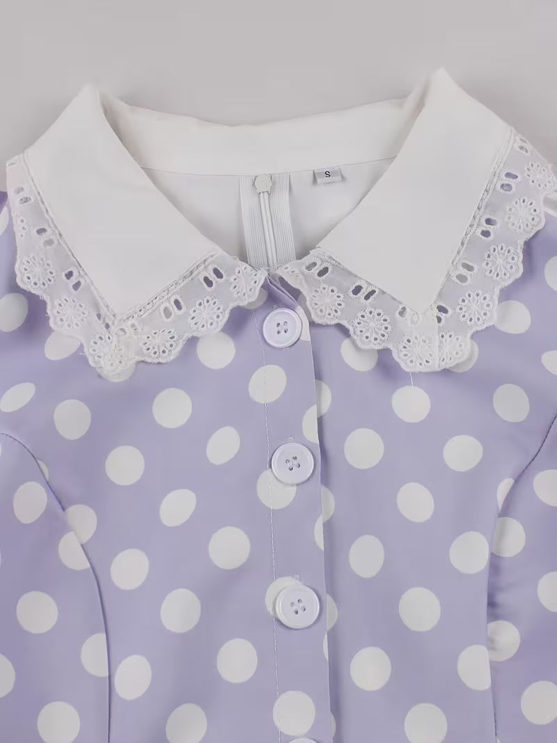 Vintage Polka Dot Swing Dress with Lace Trim