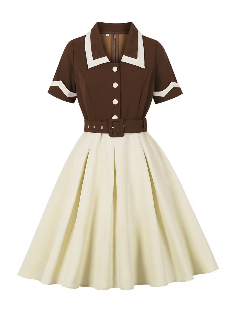 Vintage Turn Collar Belted Swing Dress