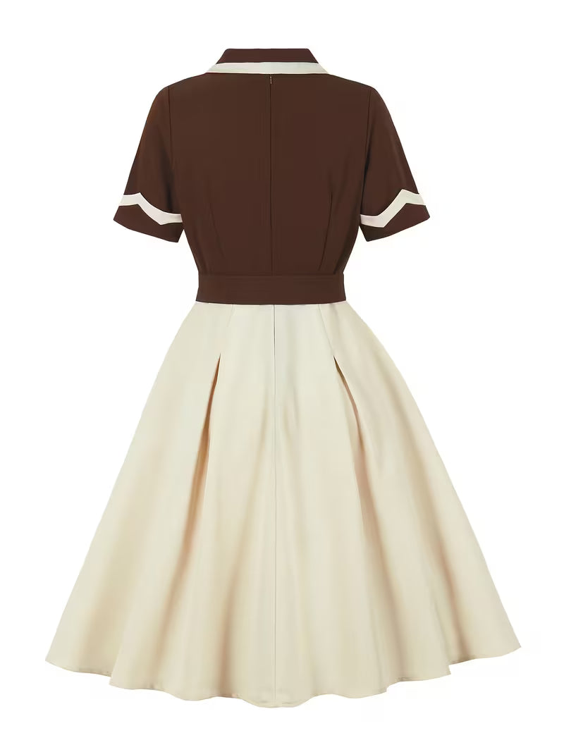 Vintage Turn Collar Belted Swing Dress