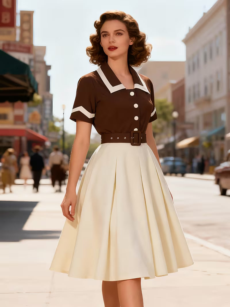 Vintage Turn Collar Belted Swing Dress