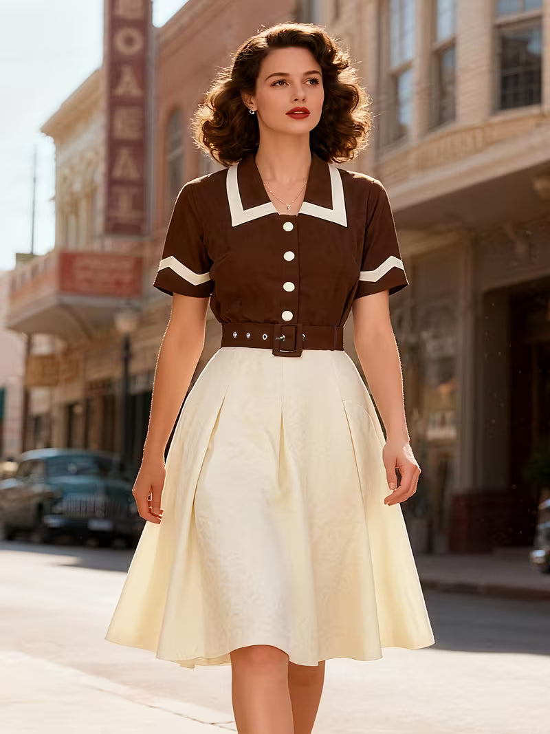 Vintage Turn Collar Belted Swing Dress