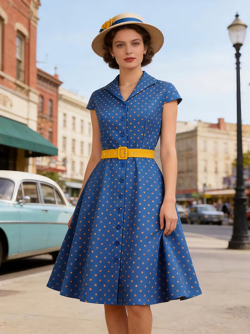Women's Vintage Polka Dot Belted A-Line Dress
