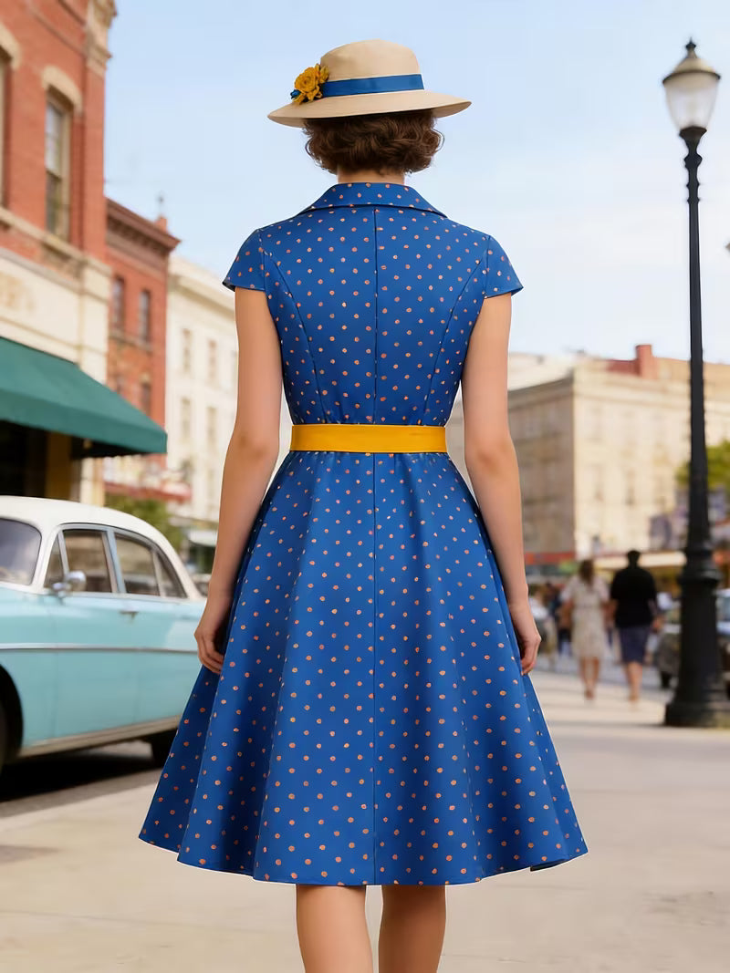 Women's Vintage Polka Dot Belted A-Line Dress